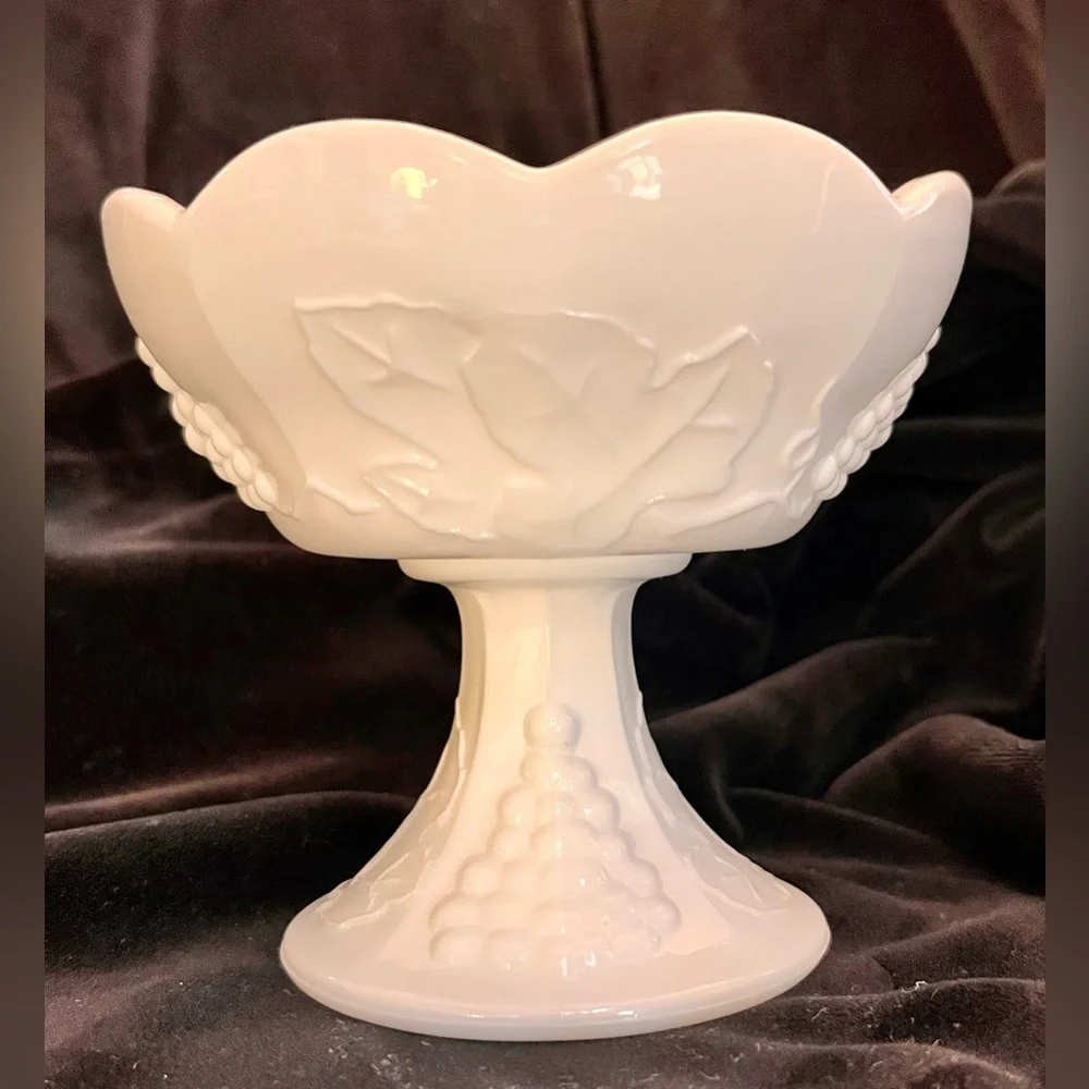Indiana Glass Colony Harvest White Milk Glass Pedestal Candle Holder Grape VTG